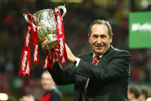 CARDIFF, WALES - Sunday, March 2, 2003: Liverpool's manager Gerard Houllier celebrates winning the League Cup after beating Manchester United 2-0 during the Football League Cup Final at the Millennium Stadium. (Pic by David Rawcliffe/Propaganda)