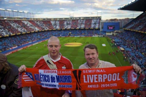 MADRID, SPAIN - Thursday, April 22, 2010: Liverpool supporters Peter Aldridge (L) and Vince Bryant (R) before the UEFA Europa League Semi-Final 1st Leg match against Club Atletico de Madrid at the Vicente Calderon. (Mandatory Credit: David Rawcliffe/Propaganda)