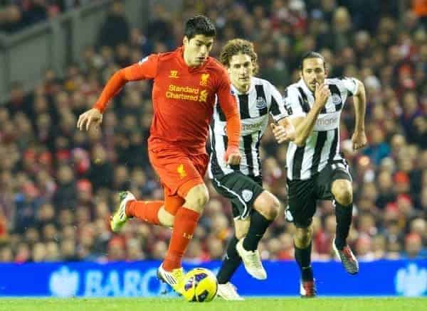 LIVERPOOL, ENGLAND - Sunday, November 4, 2012: Liverpool's Luis Alberto Suarez Diaz in action against Newcastle United during the Premiership match at Anfield. (Pic by David Rawcliffe/Propaganda)