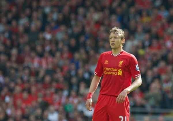 LIVERPOOL, ENGLAND - Sunday, May 19, 2013: Liverpool's Lucas Leiva in action against Queens Park Rangers during the final Premiership match of the 2012/13 season at Anfield. (Pic by David Rawcliffe/Propaganda)