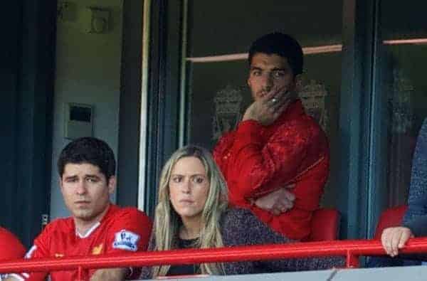 LIVERPOOL, ENGLAND - Saturday, September 21, 2013: Liverpool's banned Luis Suarez watches the game between Liverpool and Southampton during the Premiership match at Anfield. (Pic by David Rawcliffe/Propaganda)