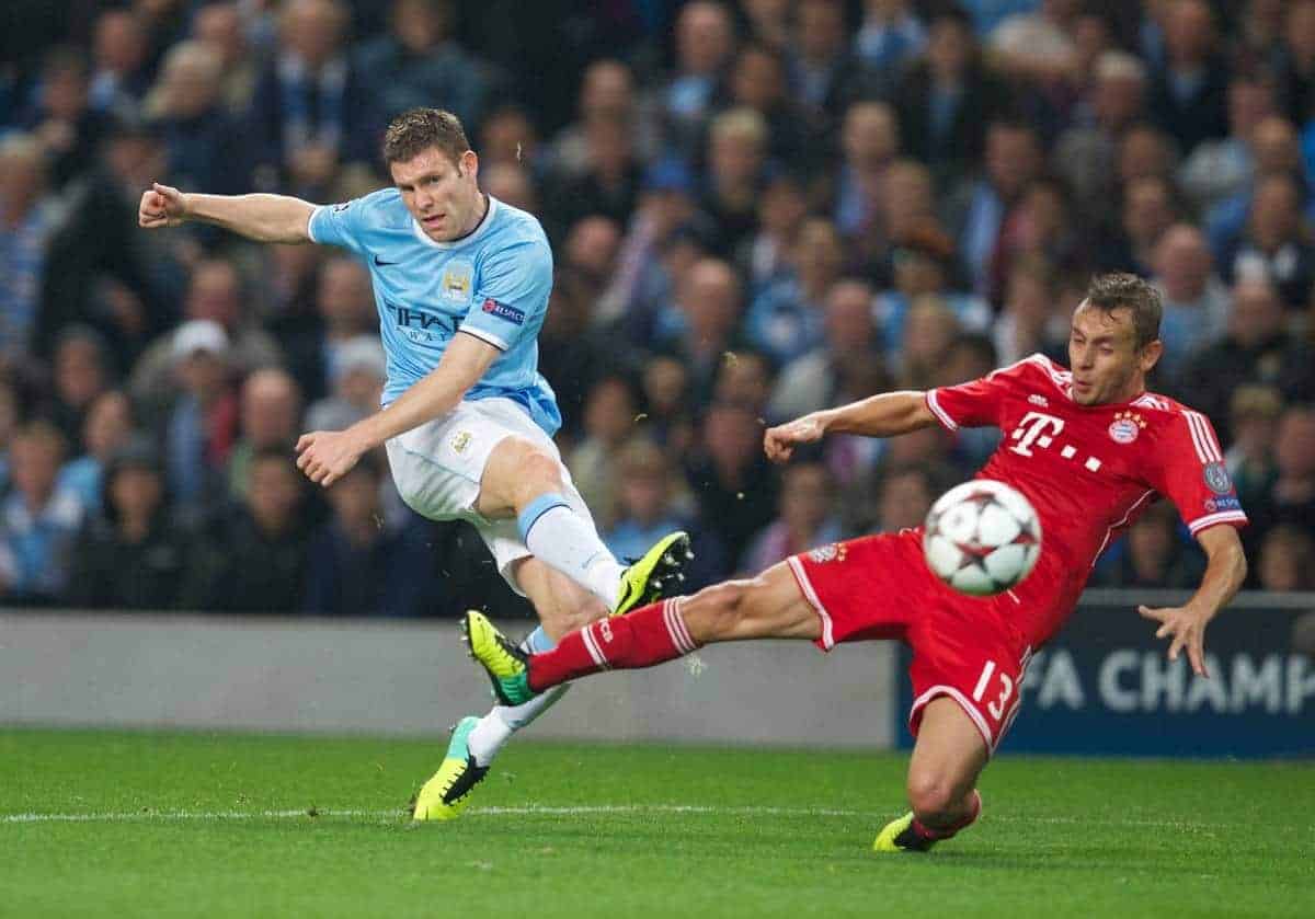 MANCHESTER, ENGLAND - Wednesday, October 2, 2013: Manchester City's James Milner in action against Bayern Munich's Rafinha during the UEFA Champions League Group D match at the City of Manchester Stadium. (Pic by David Rawcliffe/Propaganda)