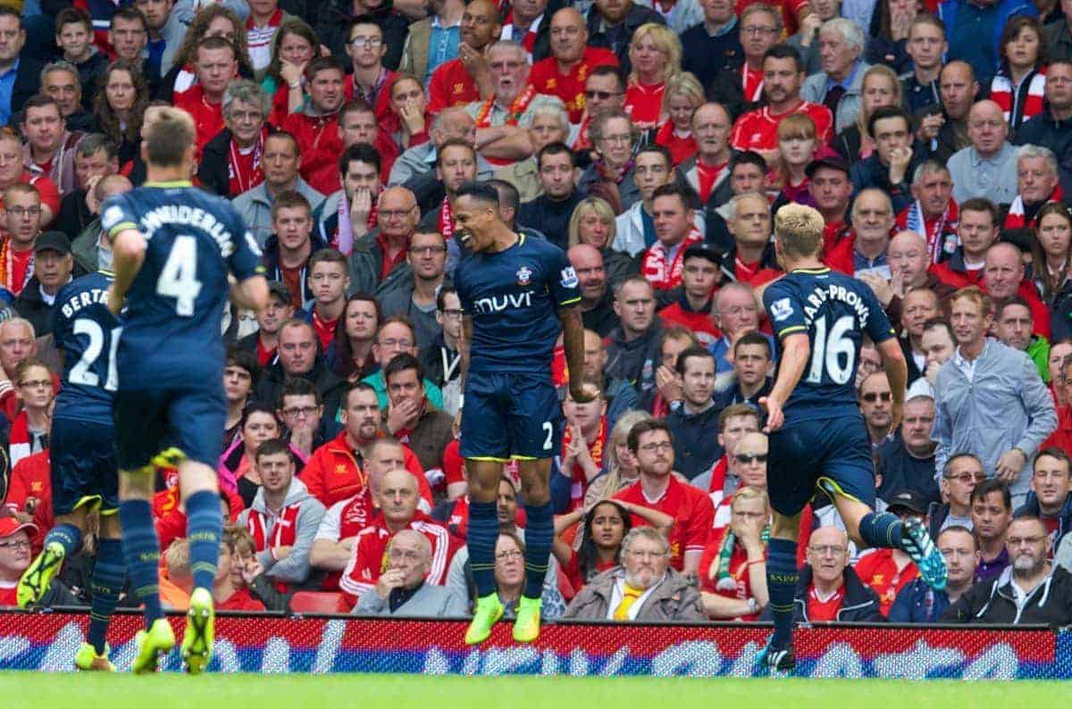 LIVERPOOL, ENGLAND - Sunday, August 17, 2014: Southampton's Nathaniel Clyne celebrates scoring the first goal against Liverpool during the Premier League match at Anfield. (Pic by David Rawcliffe/Propaganda)