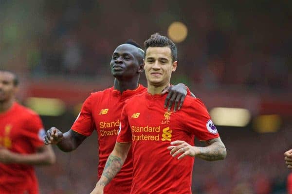 LIVERPOOL, ENGLAND - Saturday, September 24, 2016: Liverpool's Philippe Coutinho Correia celebrates scoring the fourth goal against Hull City with team-mate Sadio Mane during the FA Premier League match at Anfield. (Pic by David Rawcliffe/Propaganda)