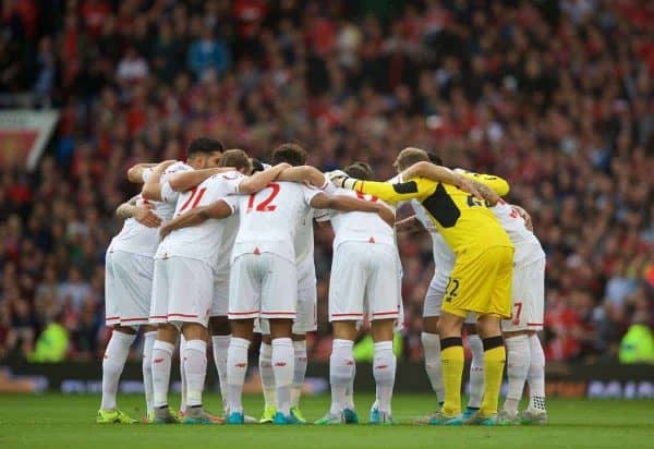 MANCHESTER, ENGLAND - Saturday, September 12, 2015: Liverpool players form a group huddle before the Premier League match against Manchester United at Old Trafford. (Pic by David Rawcliffe/Propaganda)