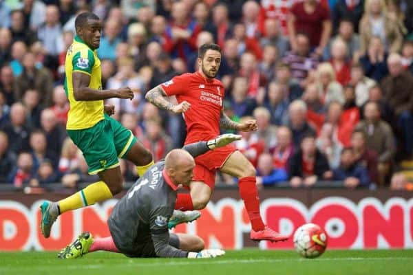 LIVERPOOL, ENGLAND - Sunday, September 20, 2015: Liverpool's Danny Ings scores the first goal against Norwich City during the Premier League match at Anfield. (Pic by David Rawcliffe/Propaganda)