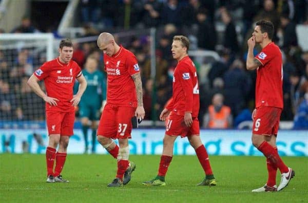 NEWCASTLE-UPON-TYNE, ENGLAND - Sunday, December 6, 2015: Liverpool's dejected players James Milner, Martin Skrtel, Lucas Leiva and Dejan Lovren after the 2-0 defeat to Newcastle United during the Premier League match at St. James' Park. (Pic by David Rawcliffe/Propaganda)