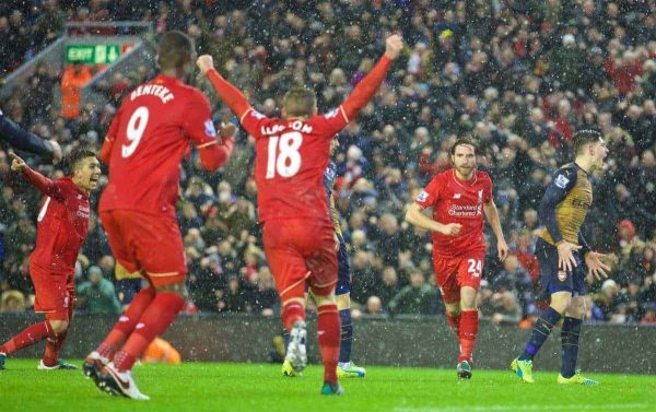 LIVERPOOL, ENGLAND - Wednesday, January 13, 2016: Liverpool's Joe Allen celebrates scoring the third equalising goal against Arsenal during the Premier League match at Anfield. (Pic by David Rawcliffe/Propaganda)