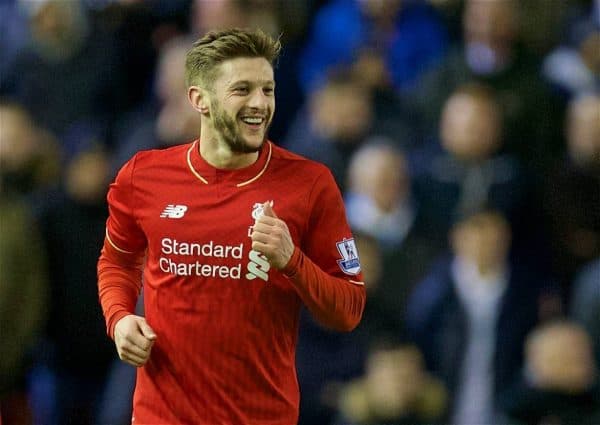 LIVERPOOL, ENGLAND - Wednesday, March 2, 2016: Liverpool's Adam Lallana scelebrates scoring the first goal against Manchester City during the Premier League match at Anfield. (Pic by David Rawcliffe/Propaganda)