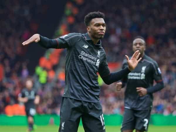 SOUTHAMPTON, ENGLAND - Sunday, March 20, 2016: Liverpool's Daniel Sturridge celebrates scoring the second goal against Southampton during the FA Premier League match at St Mary's Stadium. (Pic by David Rawcliffe/Propaganda)