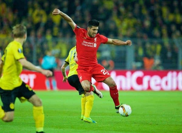 DORTMUND, GERMANY - Thursday, April 7, 2016: Liverpool's Emre Can in action against Borussia Dortmund during the UEFA Europa League Quarter-Final 1st Leg match at Westfalenstadion. (Pic by David Rawcliffe/Propaganda)