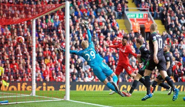 LIVERPOOL, ENGLAND - Sunday, April 10, 2016: Liverpool's Daniel Sturridge scores the second goal against Stoke City during the Premier League match at Anfield. (Pic by David Rawcliffe/Propaganda)