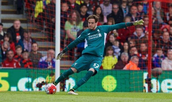 BOURNEMOUTH, ENGLAND - Sunday, April 17, 2016: Liverpool's goalkeeper Danny Ward in action against Bournemouth during the FA Premier League match at Dean Court. (Pic by David Rawcliffe/Propaganda)