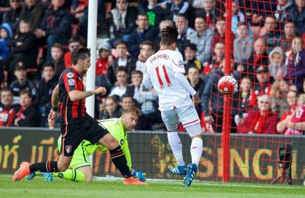 BOURNEMOUTH, ENGLAND - Sunday, April 17, 2016: Liverpool's Roberto Firmino scores the first goal against Bournemouth during the FA Premier League match at Dean Court. (Pic by David Rawcliffe/Propaganda)