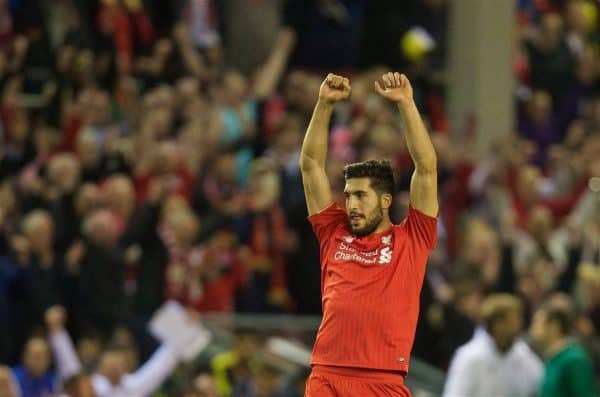 LIVERPOOL, ENGLAND - Thursday, May 5, 2016: Liverpool's Emre Can celebrates at the final whistle after his side's 3-0 victory over Villarreal, reaching the final 3-1 on aggregate, during the UEFA Europa League Semi-Final 2nd Leg match at Anfield. (Pic by David Rawcliffe/Propaganda)