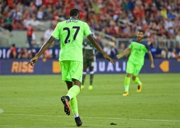 SANTA CLARA, USA - Saturday, July 30, 2016: Liverpool's Divock Origi celebrates scoring the first goal against AC Milan during the International Champions Cup 2016 game on day ten of the club's USA Pre-season Tour at the Levi's Stadium. (Pic by David Rawcliffe/Propaganda)