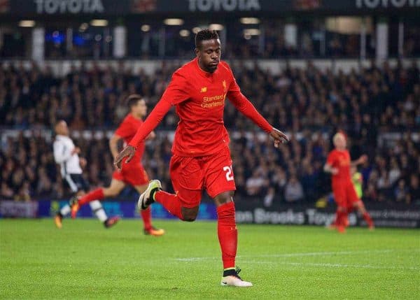 Liverpool's Divock Origi celebrates scoring the third goal against Derby County during the Football League Cup 3rd Round match at Pride Park. (Pic by David Rawcliffe/Propaganda)