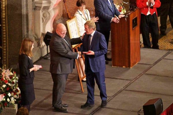 Kenny Dalglish receiving his medal during a Conferment of the Freedom of the City of Liverpool for the 96 Victims of the Hillsborough Stadium Disaster at the St. George's Hall. (Pic by David Rawcliffe/Propaganda)