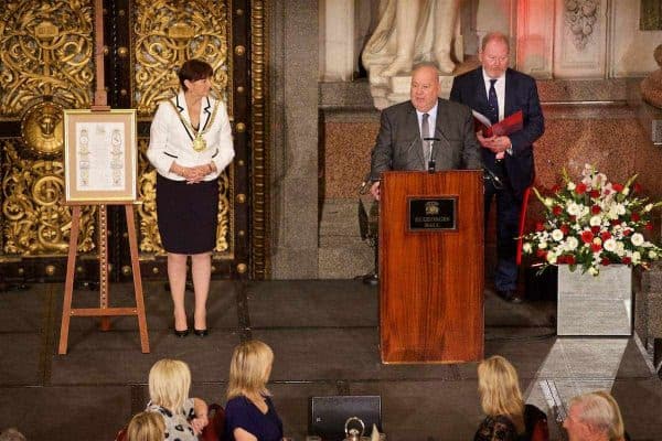 Mayor of Liverpool Joe Anderson gives a speech during a Conferment of the Freedom of the City of Liverpool for the 96 Victims of the Hillsborough Stadium Disaster at the St. George's Hall. (Pic by David Rawcliffe/Propaganda)