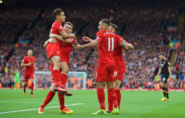 Liverpool's Adam Lallana celebrates scoring the first goal against Hull City during the FA Premier League match at Anfield. (Pic by David Rawcliffe/Propaganda)