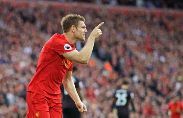 Liverpool's James Milner celebrates scoring the second goal against Hull City from a penalty kick during the FA Premier League match at Anfield. (Pic by David Rawcliffe/Propaganda)