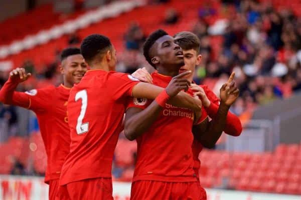 LIVERPOOL, ENGLAND - Sunday, February 5, 2017: Liverpool's Sheyi Ojo celebrates scoring the second goal against Tottenham Hotspur to equalise at 2-2 during FA Premier League 2 Division 1 Under-23 match at Anfield. (Pic by David Rawcliffe/Propaganda)