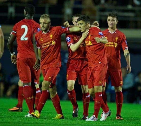 MANCHESTER, ENGLAND - Monday, September 23, 2013: Liverpool's Adam Morgan celebrates scoring the first goal against Manchester City during the Under 21 FA Premier League match at Ewen Fields. (Pic by David Rawcliffe/Propaganda)