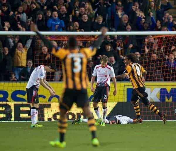 HULL, ENGLAND - Sunday, December 1, 2013: Hull City's Tom Huddlestone celebrates scoring the third goal against Liverpool during the Premiership match at the KC Stadium. (Pic by David Rawcliffe/Propaganda)