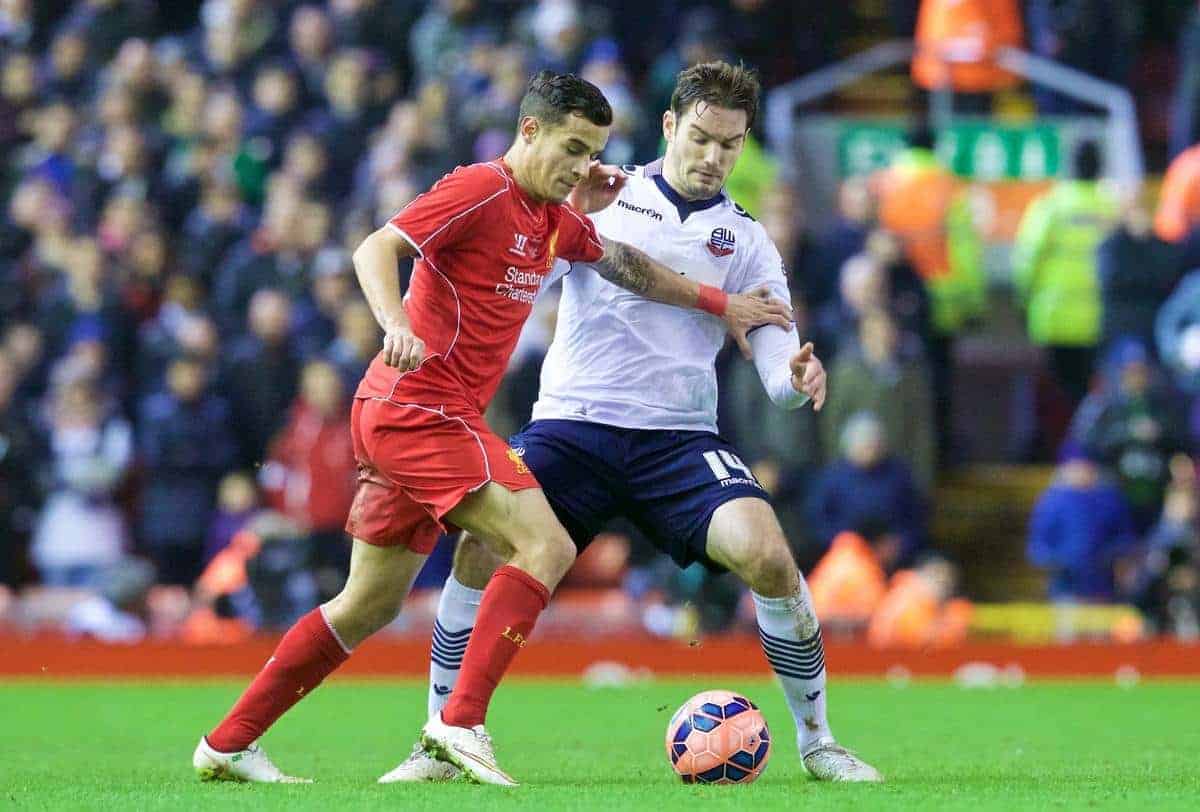 Liverpool's Philippe Coutinho Correia in action against Bolton Wanderers' Dorian Dervite during the FA Cup 4th Round match at Anfield. (Pic by Lindsey Parnaby/Propaganda)
