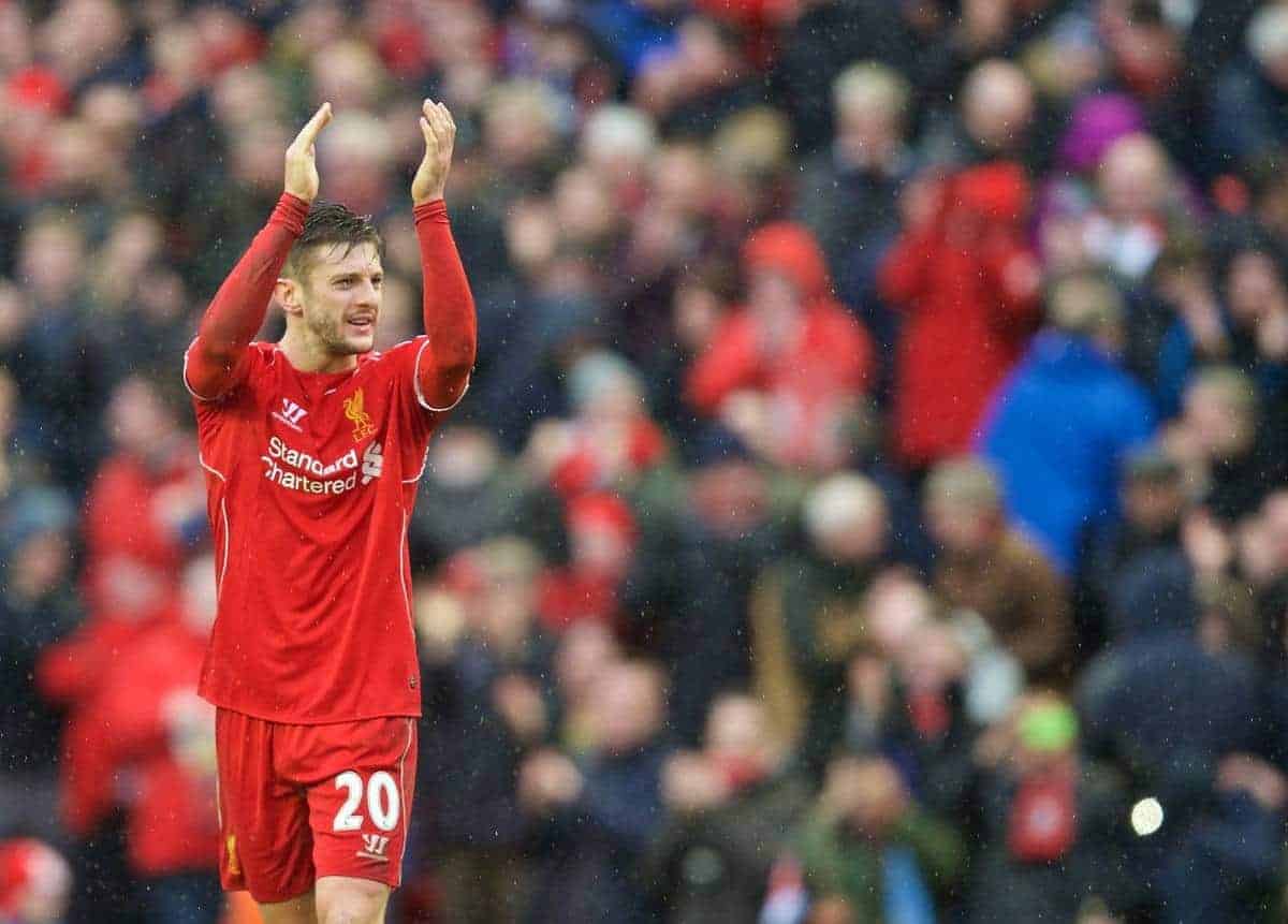 LIVERPOOL, ENGLAND - Sunday, March 1, 2015: Liverpool's Adam Lallana celebrates his side's 2-1 victory over Manchester City during the Premier League match at Anfield. (Pic by David Rawcliffe/Propaganda)