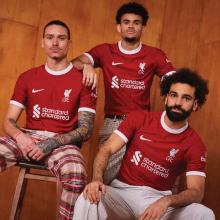 Darwin Nunez, Luis Diaz, Mo Salah, new LFC home kit 2023/24 (Image: Liverpool FC)