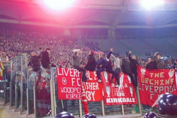 ROME, ITALY - Thursday, February 15, 2001: Liverpool supporters celebrate their victory over AS Roma after the UEFA Cup 4th Round 1st Leg match at the Stadio Olimpico. (Pic by David Rawcliffe/Propaganda)