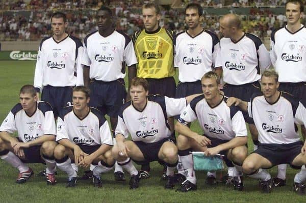 MONACO, FRANCE - Friday, August 24, 2001: Liverpool's players line-up for a team group photo before the Super Cup Final against Bayern Mu?nchen at the Stade Louis II. Back row (l-r) Jamie Carragher, Emile Heskey, goalkeeper Sander Westerveld, Marcus Babbel, Gary McAllister, Dietmar Hamann. Front row (l-r) Steven Gerrard, Michael Owen, John Arne Riise, captain Sami Hyypia, Stephane Henchoz. (Pic by David Rawcliffe/Propaganda)