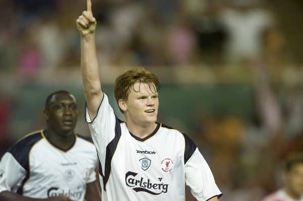 MONACO, FRANCE - Friday, August 24, 2001: Liverpool's John Arne Riise celebrates scoring his first goal for the club against Bayern Munich during the UEFA Super Cup Final at the Stade Louis II. (Pic by David Rawcliffe/Propaganda)