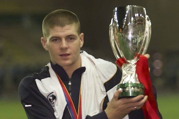 MONACO, FRANCE - Friday, August 24, 2001: Liverpool's Steven Gerrard with the UEFA Super Cup trophy after beating Bayern Munich 3-2 at the Stade Louis II in Monaco. (Pic by David Rawcliffe/Propaganda)