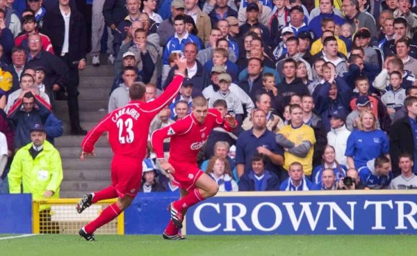 LIVERPOOL, ENGLAND - Saturday, September 15, 2001: Liverpool's captain Steven Gerrard celebrates scoring against Everton during the Premiership match at Goodison Park. (Pic by David Rawcliffe/Propaganda)