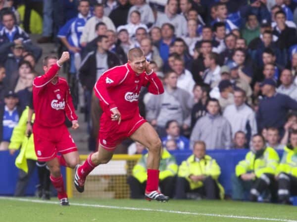 LIVERPOOL, ENGLAND - Saturday, September 15, 2001: Liverpool's captain Steven Gerrard celebrates scoring against Everton during the Premiership match at Goodison Park. (Pic by David Rawcliffe/Propaganda)