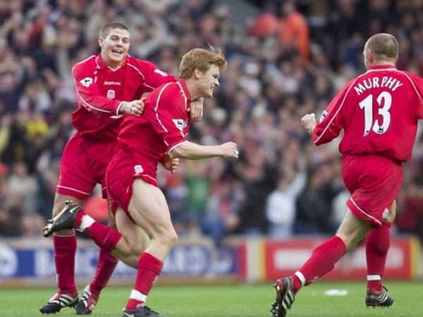 LIVERPOOL, ENGLAND - Sunday, November 4, 2001: Liverpool's John Arne Riise celebrates scoring the second goal with team-mate Steven Gerrard during the Premiership match at Anfield. (Pic by David Rawcliffe/Propaganda)