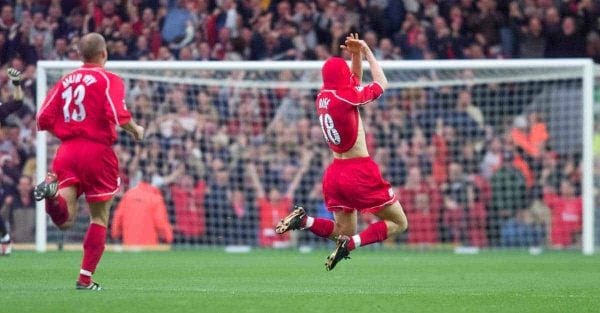 LIVERPOOL, ENGLAND - Sunday, November 4, 2001: Liverpool's John Arne Riise celebrates scoring the second goal against Manchester United during the Premiership match at Anfield. (Pic by David Rawcliffe/Propaganda)