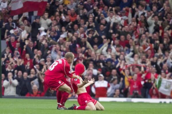 LIVERPOOL, ENGLAND - Sunday, November 4, 2001: Liverpool's John Arne Riise celebrates scoring the second goal with team-mate Danny Murphy during the Premiership match at Anfield. (Pic by David Rawcliffe/Propaganda)