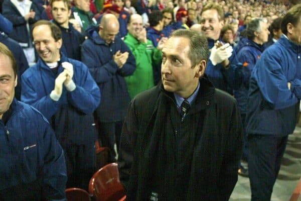 LIVERPOOL, ENGLAND - Tuesday, March 19, 2002: Liverpool's manager Gerard Houllier is embraced by AS Roma manager Fabio Capello as he returns to the touchline after recovering from a heart attack, during the UEFA Champions League Group B match against AS Roma at Anfield. (Pic by David Rawcliffe/Propaganda)