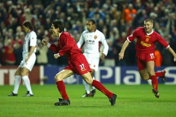 LIVERPOOL, ENGLAND - Tuesday, March 19, 2002: Liverpool's Jari Litmanen celebrates scoring the opening goal from the penalty spot against AS Roma after only six minutes during the UEFA Champions League Group B match at Anfield. Also Steven Gerrard. (Pic by David Rawcliffe/Propaganda)