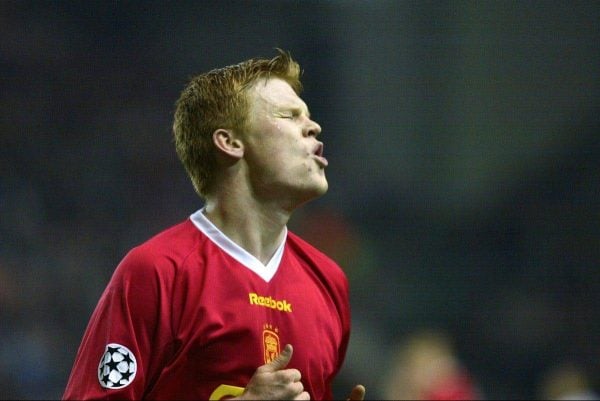 LIVERPOOL, ENGLAND - Tuesday, March 19, 2002: Liverpool's Norwegian defender John Arne Riise rues a missed chance against AS Roma during the UEFA Champions League Group B match at Anfield. (Pic by David Rawcliffe/Propaganda)