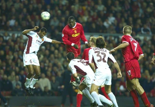 LIVERPOOL, ENGLAND - Tuesday, March 19, 2002: Liverpool's Emile Heskey scores the second against AS Roma during the UEFA Champions League Group B match at Anfield. (Pic by David Rawcliffe/Propaganda)