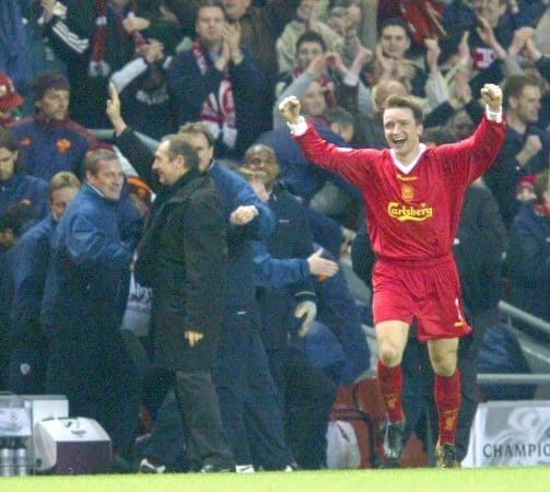 LIVERPOOL, ENGLAND - Tuesday, March 19, 2002: Liverpool's manager Gerard Houllier and Vladimir Smicer celebrate their side's 2-0 victory over AS Roma during the UEFA Champions League Group B match at Anfield. (Pic by David Rawcliffe/Propaganda)