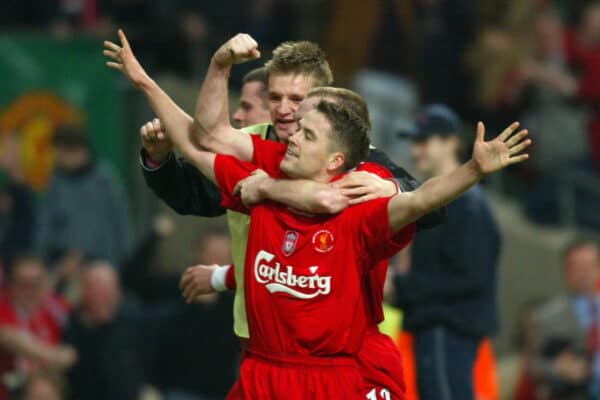 CARDIFF, WALES - Sunday, March 2, 2003: Liverpool's Michael Owen celebrates scoring the second goal against Manchester United with team-mates during the Football League Cup Final at the Millennium Stadium. (Pic by David Rawcliffe/Propaganda)