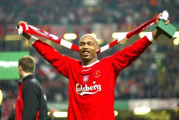 CARDIFF, WALES - Sunday, March 2, 2003: Liverpool's El-Hadji Diouf celebrates beating Manchester United 2-0 during the Football League Cup Final at the Millennium Stadium. (Pic by David Rawcliffe/Propaganda)