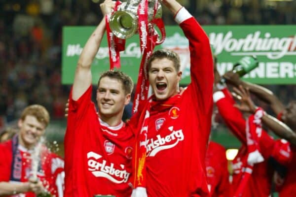 CARDIFF, WALES - Sunday, March 2, 2003: Liverpool's goalscorers Michael Owen (l) and Steven Gerrard celebrate beating Manchester United 2-0 during the Football League Cup Final at the Millennium Stadium. (Pic by David Rawcliffe/Propaganda)