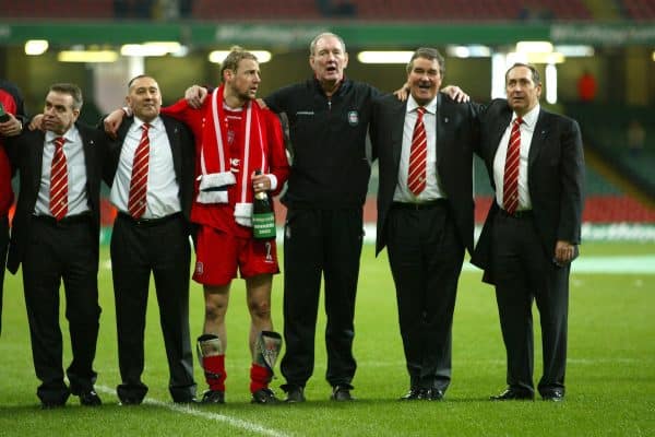 CARDIFF, WALES - Sunday, March 2, 2003: Liverpool's manager Gerard Houllier and cheif scout Ron Yeats celebrate beating Manchester United 2-0 to win the Football League Cup Final at the Millennium Stadium. (Pic by David Rawcliffe/Propaganda)