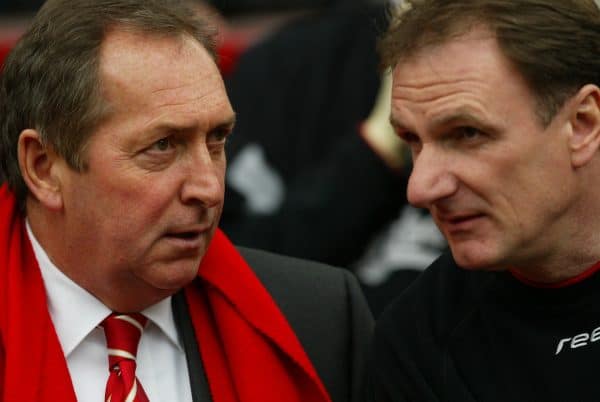 MANCHESTER, ENGLAND - Saturday, April 5, 2003: Liverpool's manager Ge?rard Houllier and assistant Phil Thompson against Manchester United during the Premiership match at Old Trafford. (Pic by David Rawcliffe/Propaganda)